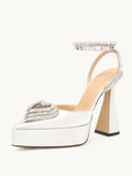 White Rhinestone Triple Heart Pointy Flared Pumps With Platform Ankle Wrap Strap
