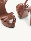 Brown Patent Platform Stiletto Heeled Sandals With Round Toe Ankle Strap