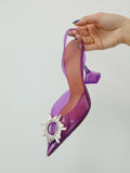 Purple Clear Rhinestone Pointy Half Stiletto Half Flared Slingback Karma Pumps