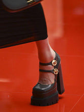 Double Ankle Strap Square-Toe Patent Leather Neutral Mary Jane Style Platform Chunky Pumps