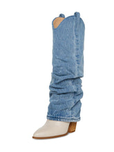 Denim Sleeve Slouch Stitch Fold-Over Pull Tab Pointed Toe Slanted Block High Heel Western Chelsea Mid Calf Boots Pumps