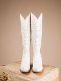 White Embroidered Stud Snip Zipper Mid Calf Cowgirl Boots