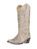 White Glitter Rhinestone Snip Toe Slanted Heel Western Mid Calf Boots