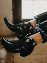 Patent Embroidered Snip Zip Western Ankle Boots With Lightning Inlay
