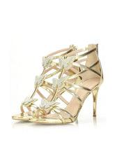 Metallic Gold Rhinestone Butterfly Applique Cage Round Stiletto Heeled Sandals With Back Zip