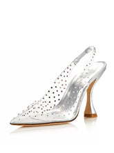 Clear Crystal Slingback Pumps Metallic Silver Insole Pointed-Toe Flared Heel PVC Pumps