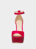 Red Satin Rhinestone Platform Round Stiletto Heel Sandals With Ankle Buckle Strap