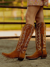 Brown Faux Suede Embroidered Snip-toe Chunky Heel Slip-on Mid-Calf Cowgirl Boots
