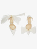 White Satin Crystal Pointy Stiletto Pumps With Asymmetrical Mesh Fascinator Bows