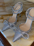 Silver Glitter Rhinestone Double Bow Pointy Flared Pumps With Ankle Wrap Strap