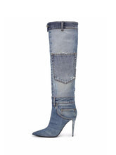 Pocket Pointed-toe Stiletto Heel Slip-on Knee High Fashion Ripped Denim Boots With Buttons