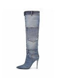 Pocket Pointed-toe Stiletto Heel Slip-on Knee High Fashion Ripped Denim Boots With Buttons