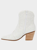 White Pearl Zipper Round Toe Cowgirl Ankle Boots