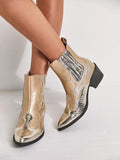 Metallic Lizard Applique Slip-On Pointy Women Cowboy Ankle Booties With Elastic Side Panel