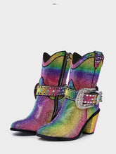 Rainbow Rhinestone Studs Buckled Ankle Strap Pointy Zip Ankle Cowgirl Boots