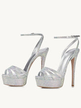 Silver Rhinestone Platform Stiletto Heeled Sandals With Round Toe Ankle Strap