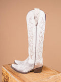 White Hair Stud Embroidered Snip Wide Mid Calf Women Cowboy Fur Tall Boots