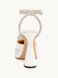 White Rhinestone Triple Heart Pointy Flared Pumps With Platform Ankle Wrap Strap