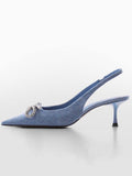 Denim Blue Rhinestone Bow Slingback Elastic Strap Pointy Kitten Heel Pumps