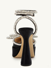 Black Satin Rhinestone Bow Platform Flared Heeled Pumps With Pointed Toe Ankle Strap