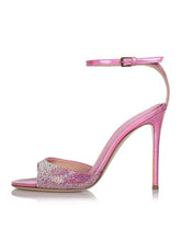 Sparkly Rhinestone Round Stiletto Heeled Dress Sandals With Metallic Buckle Ankle Strap