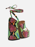 Snakeskin Platform Lace-Up Round-Toe Flared Chunky Heel Sandals For Women