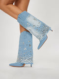 Water Drop Rhinestones Pointed-toe High Heels Fold Over Mid-Calf Denim Boots