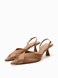 Tan Semi-Transparent Mesh Satin Buckled Slingback Pointy Kitten Flared Pumps