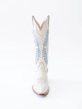 White Embroidered Pointy Wide Mid Calf Western Boot With Blue Inlay