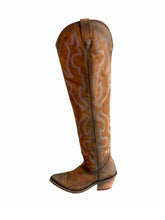 Vegan Leather Brown Embroidered Pointed-toe Chunky Heel Slip-on Knee High Cowgirl Boots