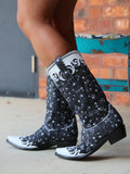 Star Snip Wide Calf Cowgirl Tall Boots With Contrast Black Bling Glitter White Applique