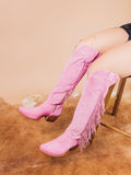 Pink Faux Suede Fringe Eagle Embroidered Knee High Western Boots With Snip Toe Zipper