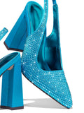 Rhinestone Satin Pointy Chunky Heeled Slingback Pumps