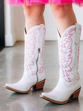 Pink Embroidered Snip Toe Zip Western Mid Calf Boots In White