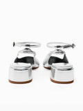 Metallic Silver Square Toe Ankle Buckle Strap Slingback Chunky Pumps