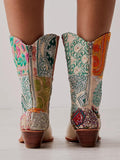 Ivory Crystal Floral Colorful Embroidered Cowgirl Mid Calf Boots With Back Zip Pointy Toe