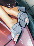 Denim Blue Frayed Patchwork Single Wide Band Square Chunky Heel Backless Slip-On Sandals