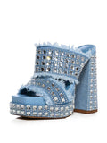 Blue Fray Denim Rhinestone Two Strap Square Backless Slip-On Sandals With Platform Chunky Heel