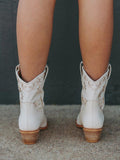 White Star Embroidered Slip-On Pointy Chunky Heeled Western Cowgirl Ankle Boots