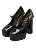 Shiny Black Platform Mary Jane Block Heeled Women Pumps For Wide Feet