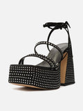 Black Rhinestone Sandals Lace-Up Platform Chunky Heeled Gladiator