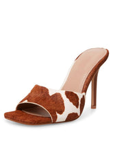 Brown Cow Spot Square Open Toe Backless Slip-On Stiletto Heeled Sandals For Women