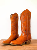 Brown Embroidered Pointed-toe Chunky Heels Wide Slip-on Mid-Calf Women Cowboy Boots