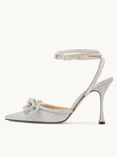 Silver Glitter Rhinestone Double Bow Pointy Flared Pumps With Ankle Wrap Strap