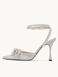Silver Glitter Rhinestone Double Bow Pointy Flared Pumps With Ankle Wrap Strap