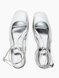 Metallic Silver Square Toe Ankle Buckle Strap Slingback Chunky Pumps