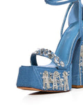 Rhinestone Fringe Single Band Open-toe Buckle Denim Platform Sandals With Adjustable-strap