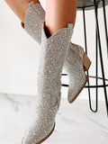 Rhinestone Pointy Wide Slip-on Mid-Calf Cowgirl Boots