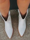 White Star Embroidered Slip-On Pointy Chunky Heeled Western Cowgirl Ankle Boots