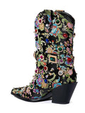 Metallic Black Satin Floral Embroidery Rhinestone Mid Calf Cowgirl Boots With Ankle Strap